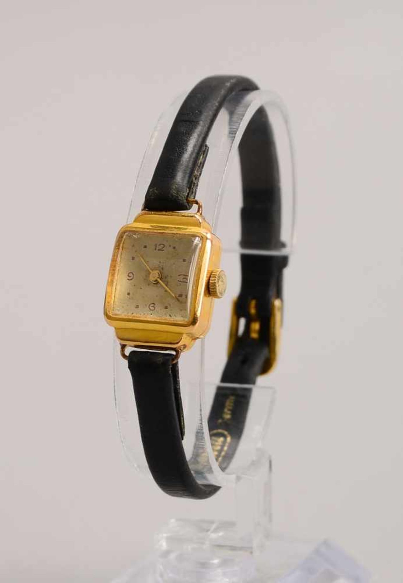 Damen-Armbanduhr (Art déco), 750 GG-Gehäuse, mit Lederarmband, Uhr läuft an; Maße Gehäuse 3,2 cm x - Bild 2 aus 2