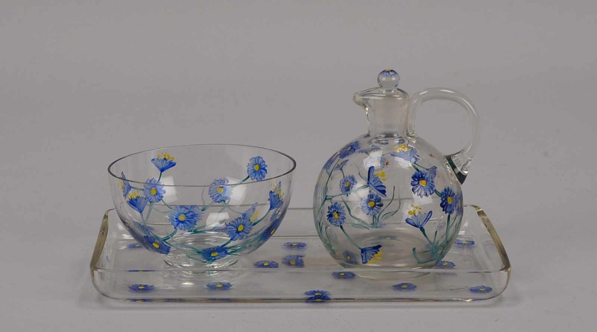 Zucker und Sahne-Set, Glas, handbemalt, auf Tablett; Höhe 9,5 cm