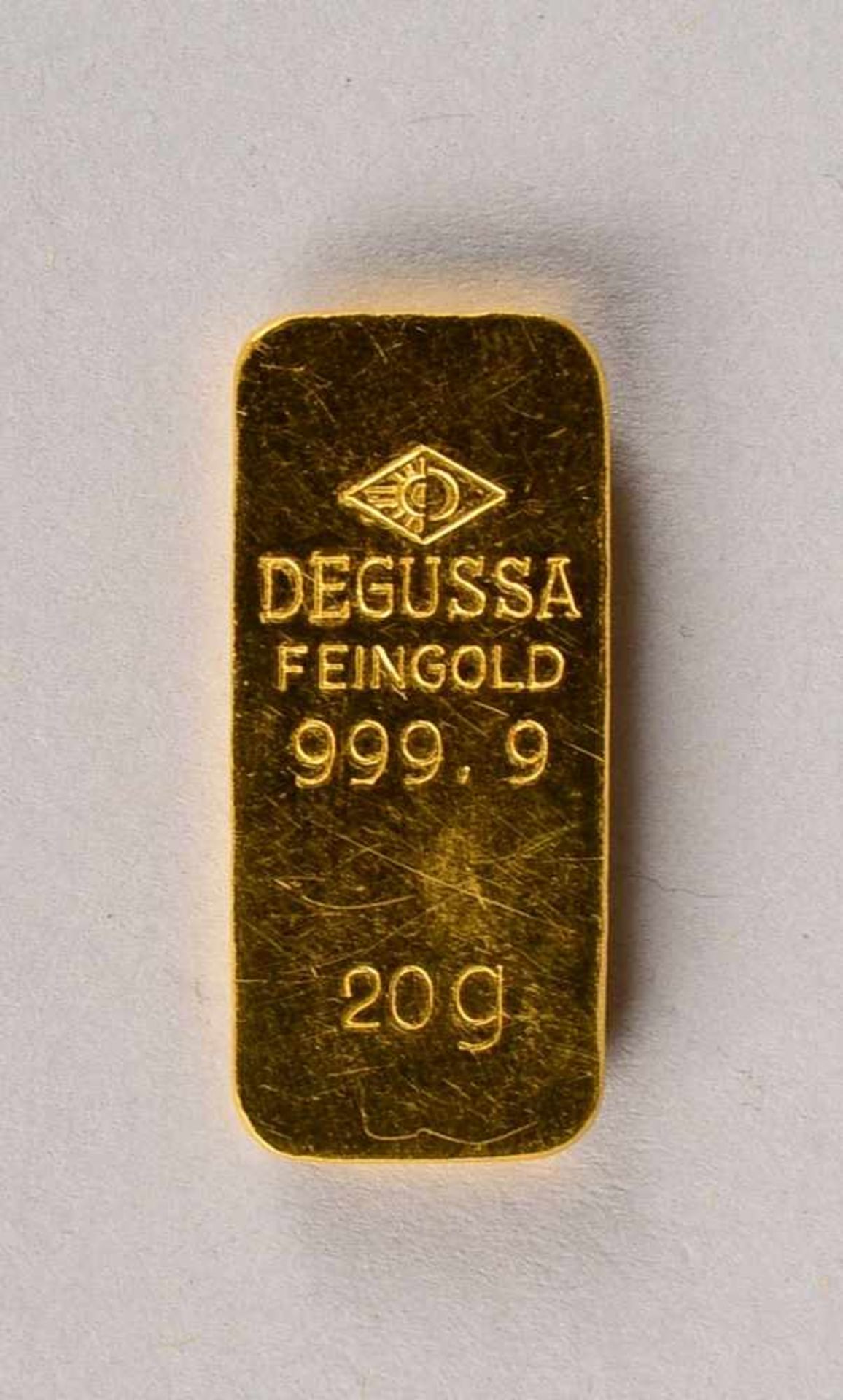 Goldbarren, Degussa, 20 g, Feingold '999,9/1.000'; Abmessungen ca. 11 x 27 x 3,5 mm