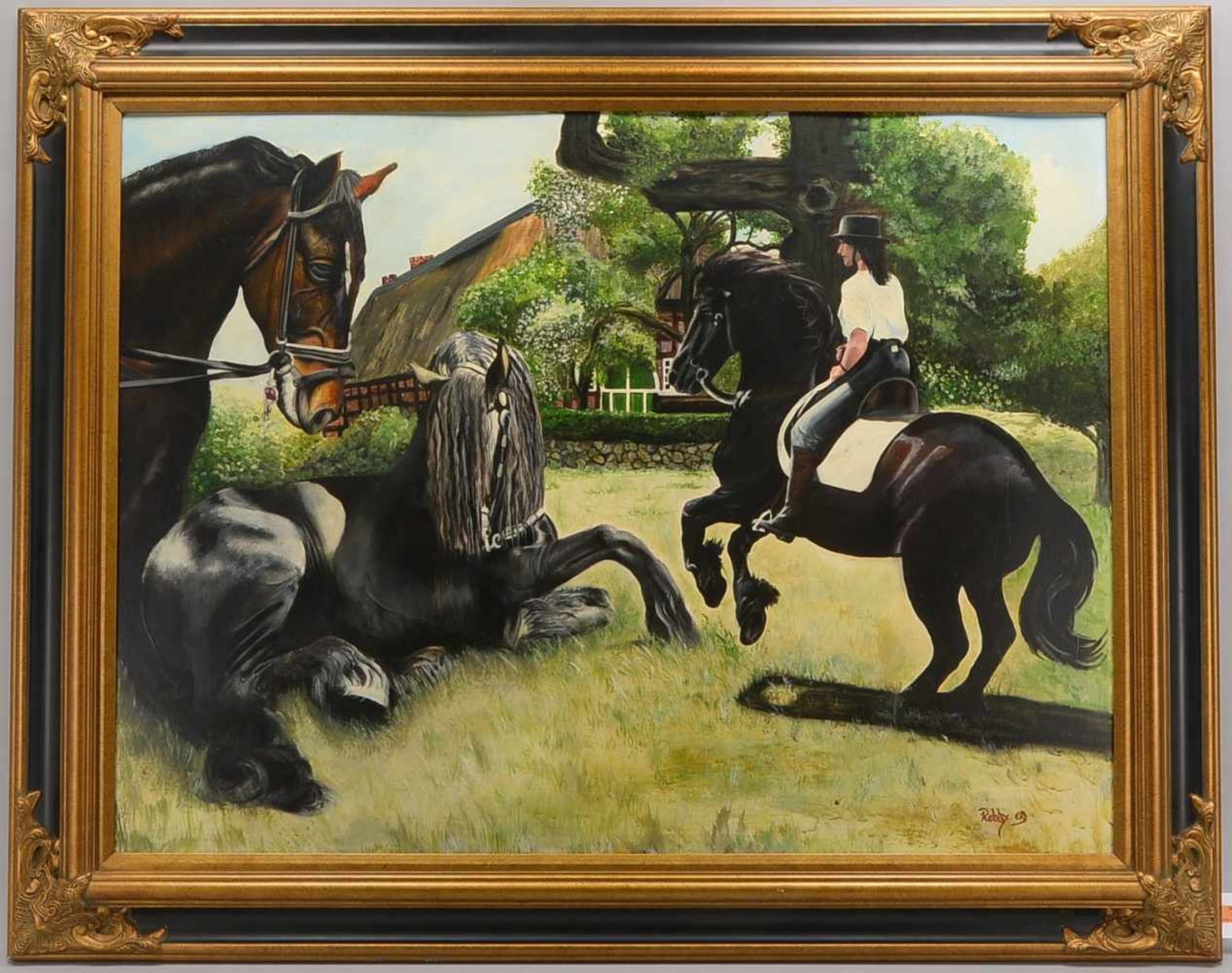 Gemälde, 'Drei Pferde mit spanischer Reiterin', unten rechts signiert 'Robby' sowie datiert, im
