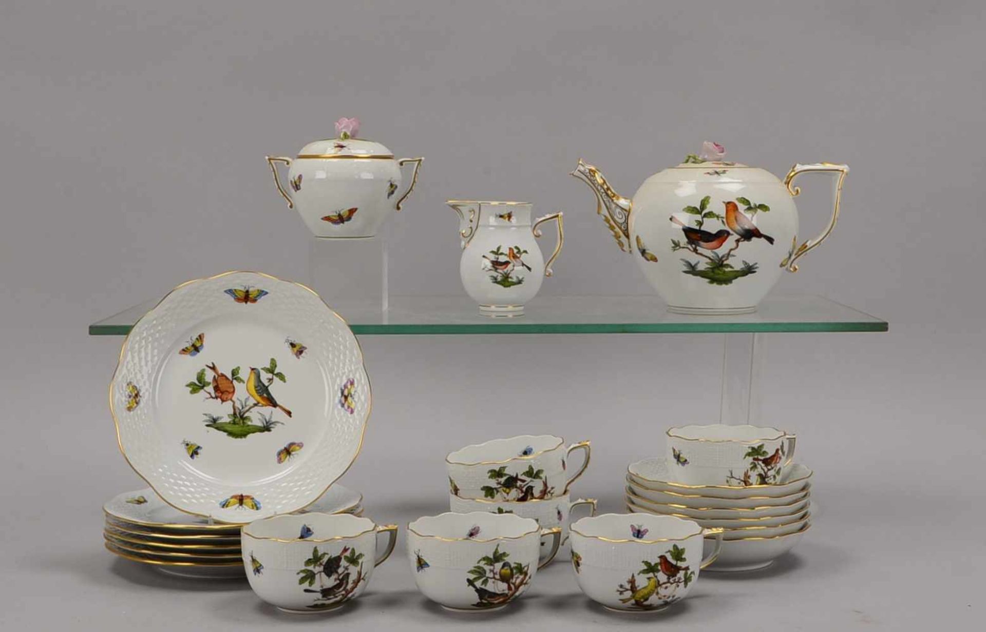 Herend, Teeservice, Dekor 'Rothschild', für 6 Personen, umfassend: Teekanne, Zucker und Sahne, 6x