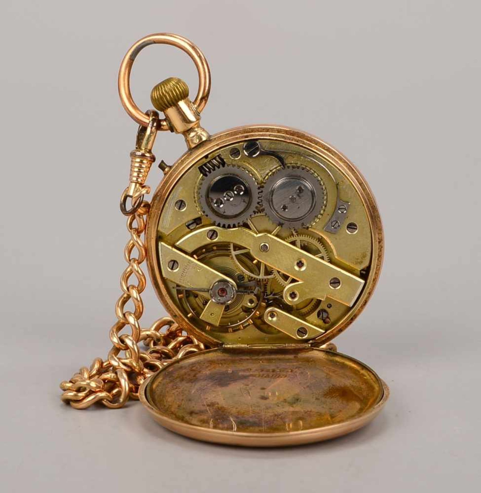 Taschenuhr, Remontoir, 585-Gehäuse/Metall-Staubdeckel, mit Innengravur, Sekunde auf der '6', Uhr - Bild 2 aus 3