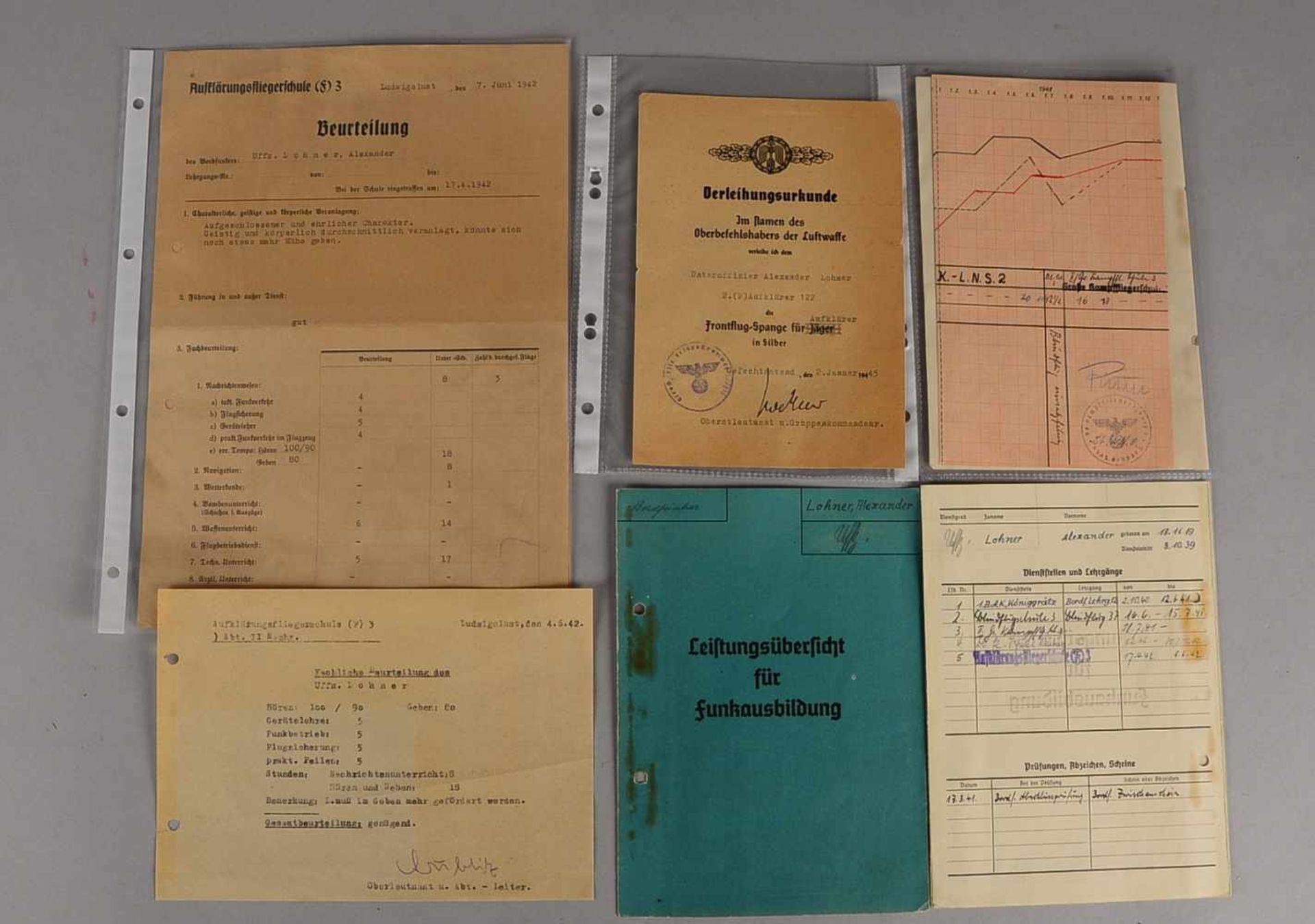 Dokumente-Lot (II. WK): Verleihungsurkunde für 'Frontflugspange' in Silber, 1945; Leistungsübersicht