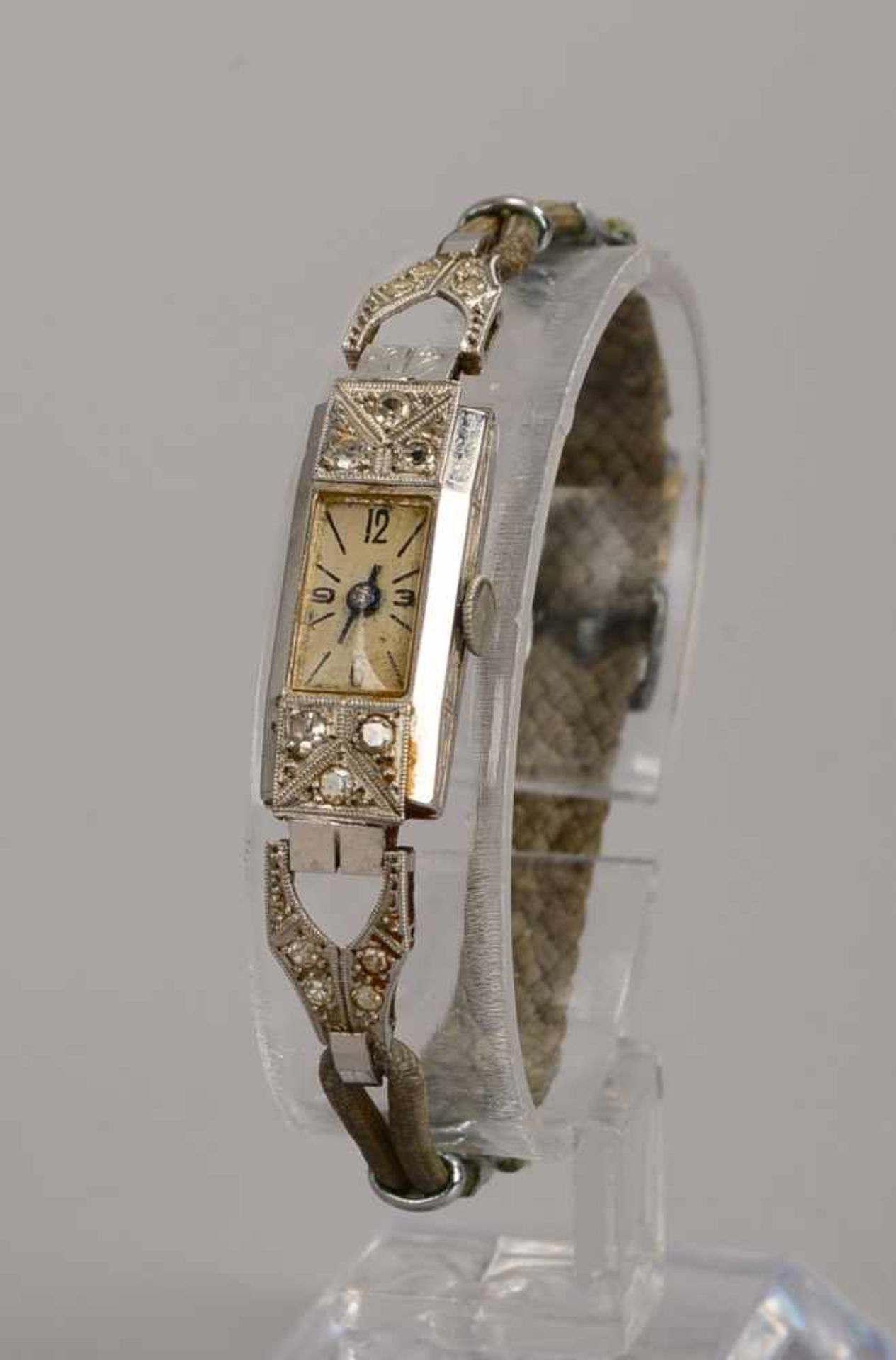 Damenarmbanduhr, Art déco, Platin-Gehäuse mit Diamantsplittern, funktionstüchtig - Bild 2 aus 2