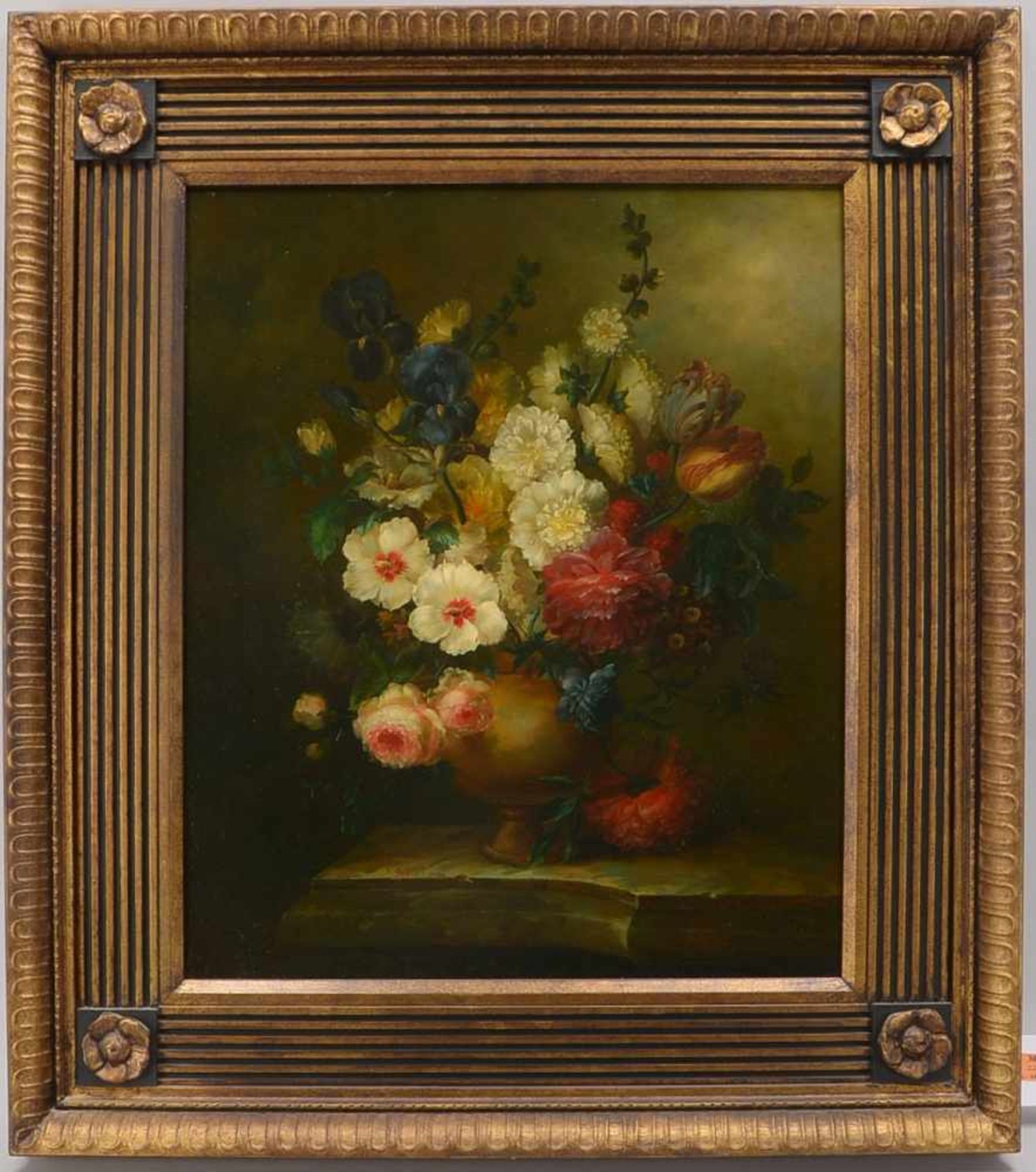 Gemälde, 'Blumenstillleben' (Pendant zu Pos. 3046 - im gleichen Format und Rahmen), Öl auf Holz/