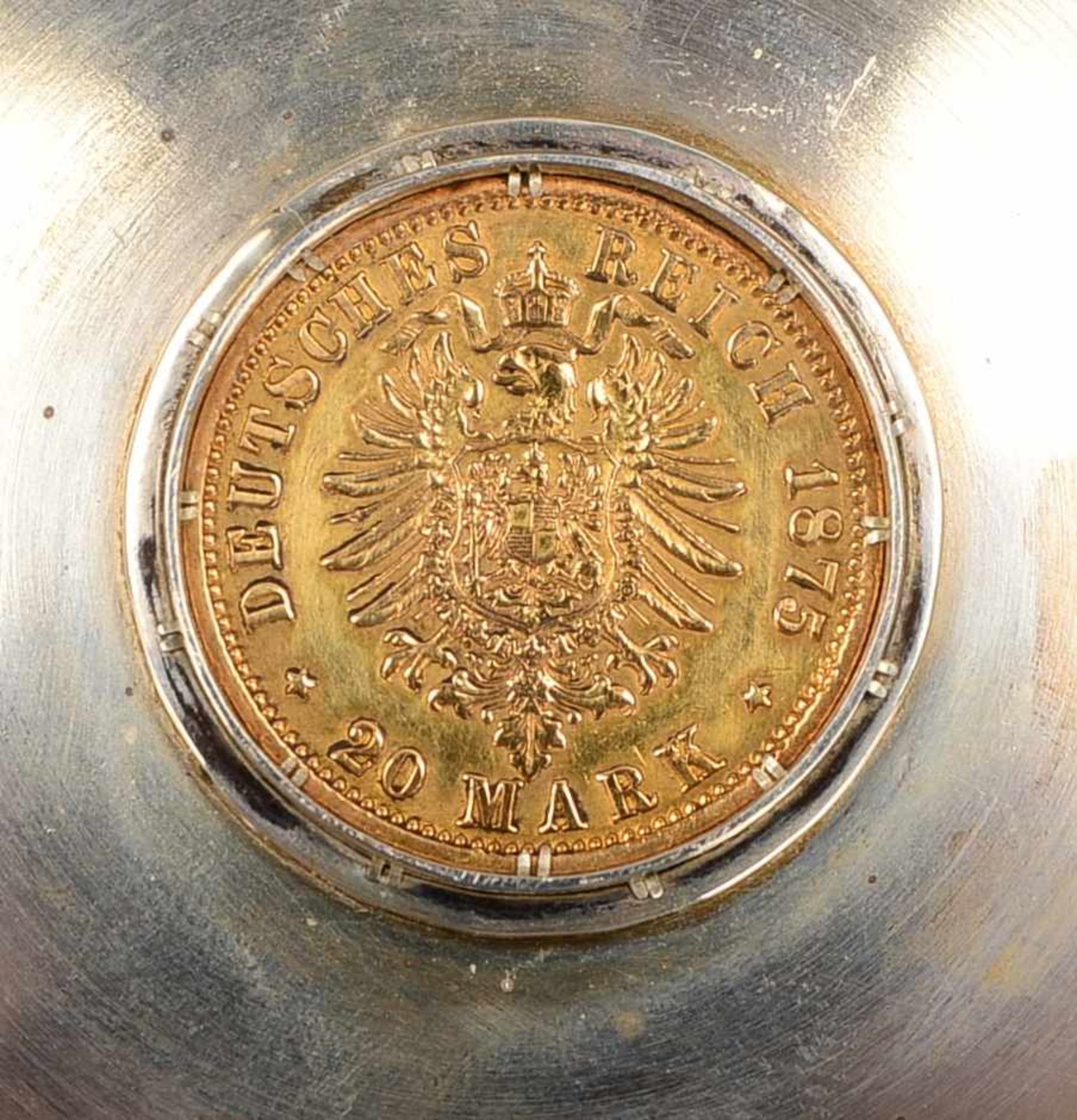 Schale, 835 Silber, mittig mit gefasster Goldmünze, '20 Mark - Wilhelm Deutscher Kaiser/König v. - Bild 3 aus 3