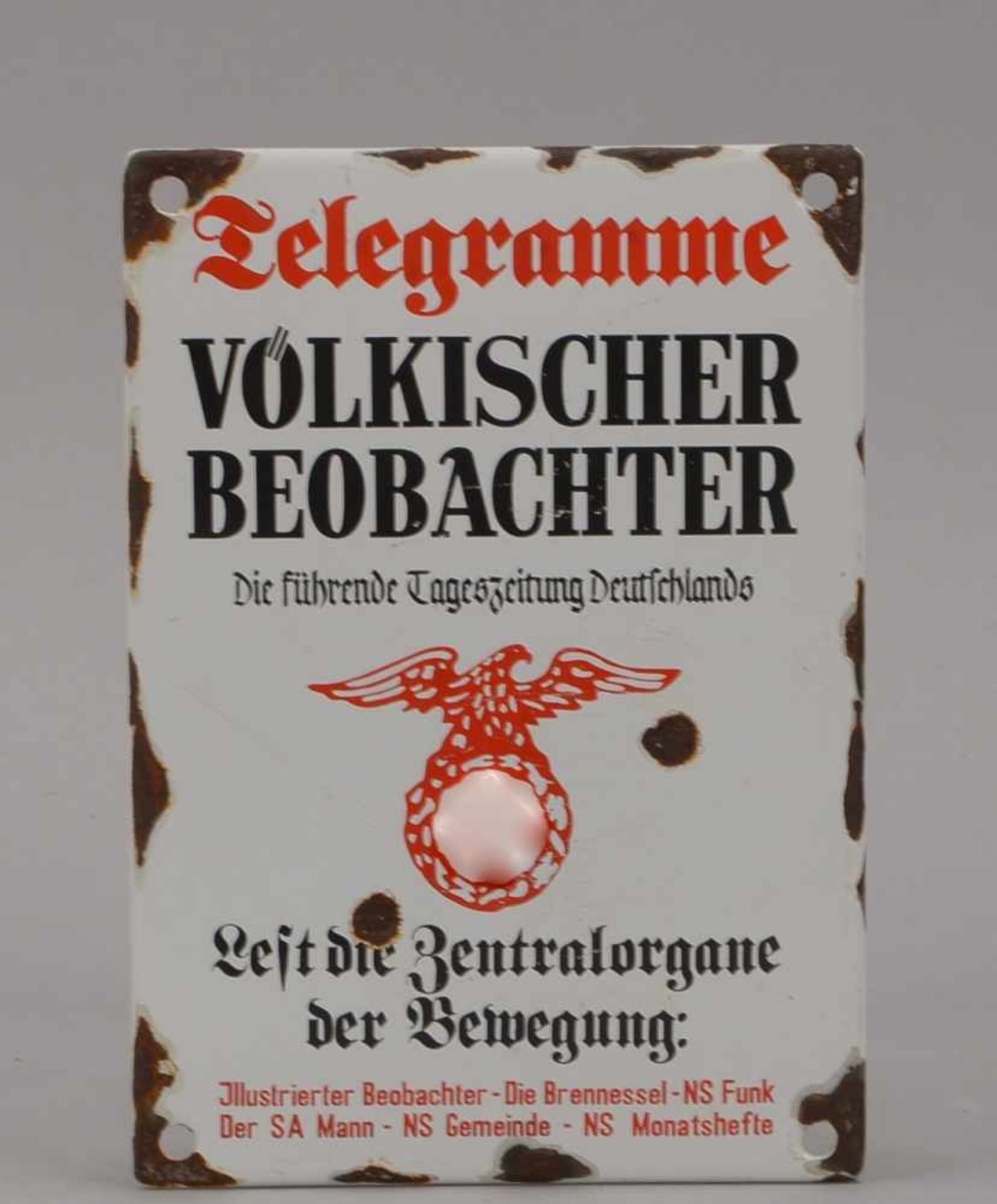 Emaille-Schild (Reproduktion), 'III. Reich', mit Aufschrift, 'Telegramme, Völkischer Beobachter -