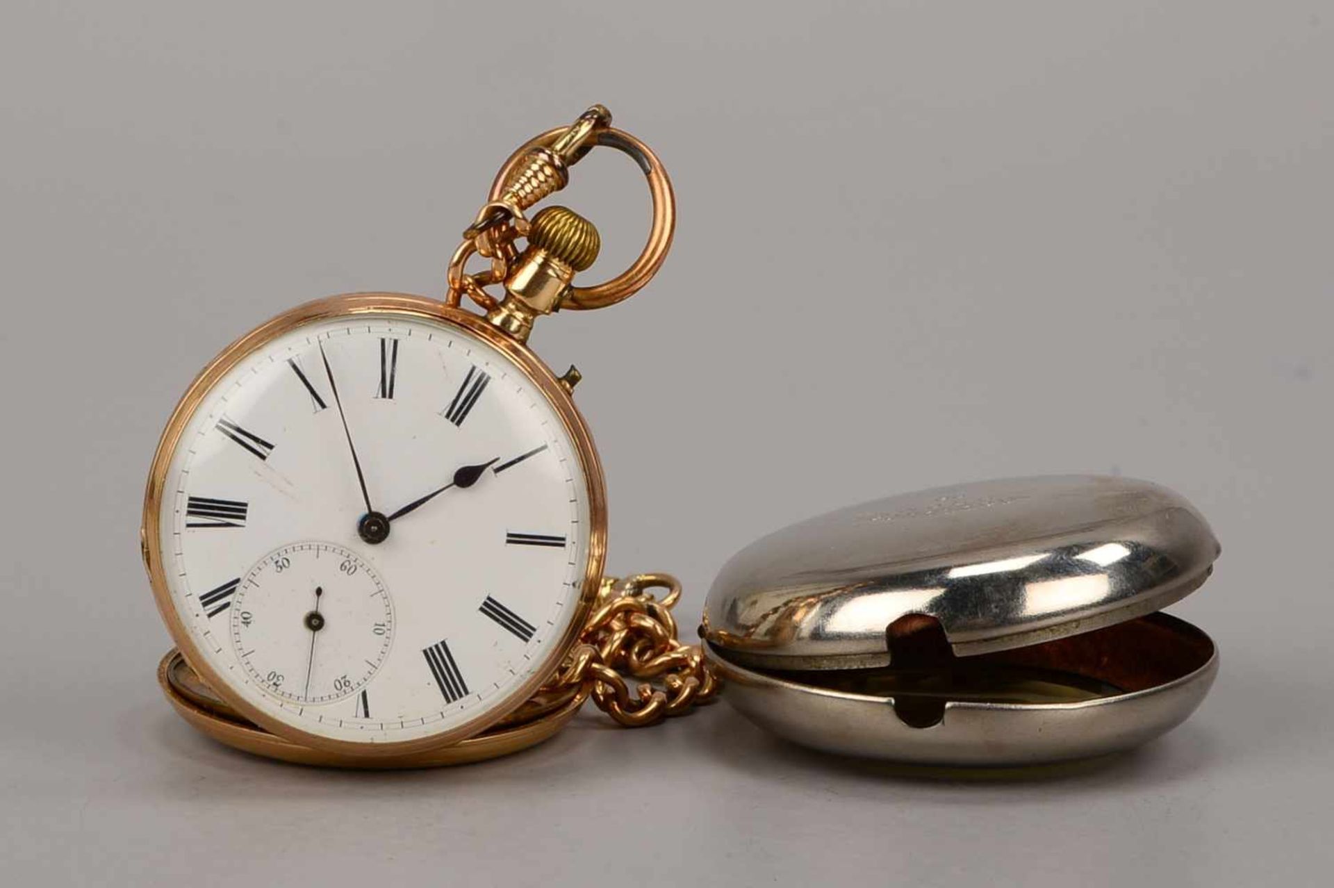 Taschenuhr, Remontoir, 585-Gehäuse/Metall-Staubdeckel, mit Innengravur, Sekunde auf der '6', Uhr