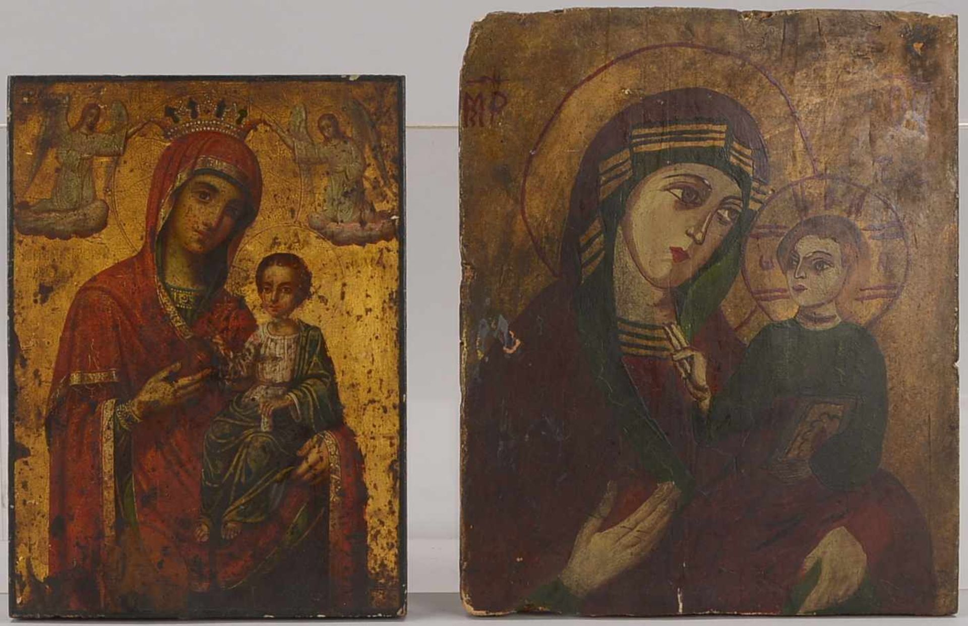 2 Ikonen (wohl neuzeitlich), 'Muttergottes mit dem Jesuskind'; 1x Maße 27 x 30 cm, und 1x Maße 30