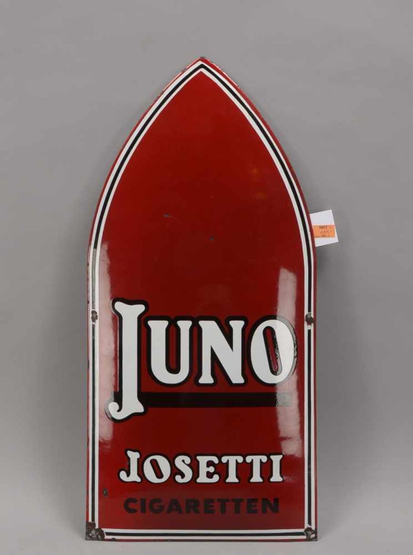 Emaille-Werbeschild (Reproduktion), 'Juni Josetti Cigaretten'; Maße 80 x 39 cm (mit Abplatzern)