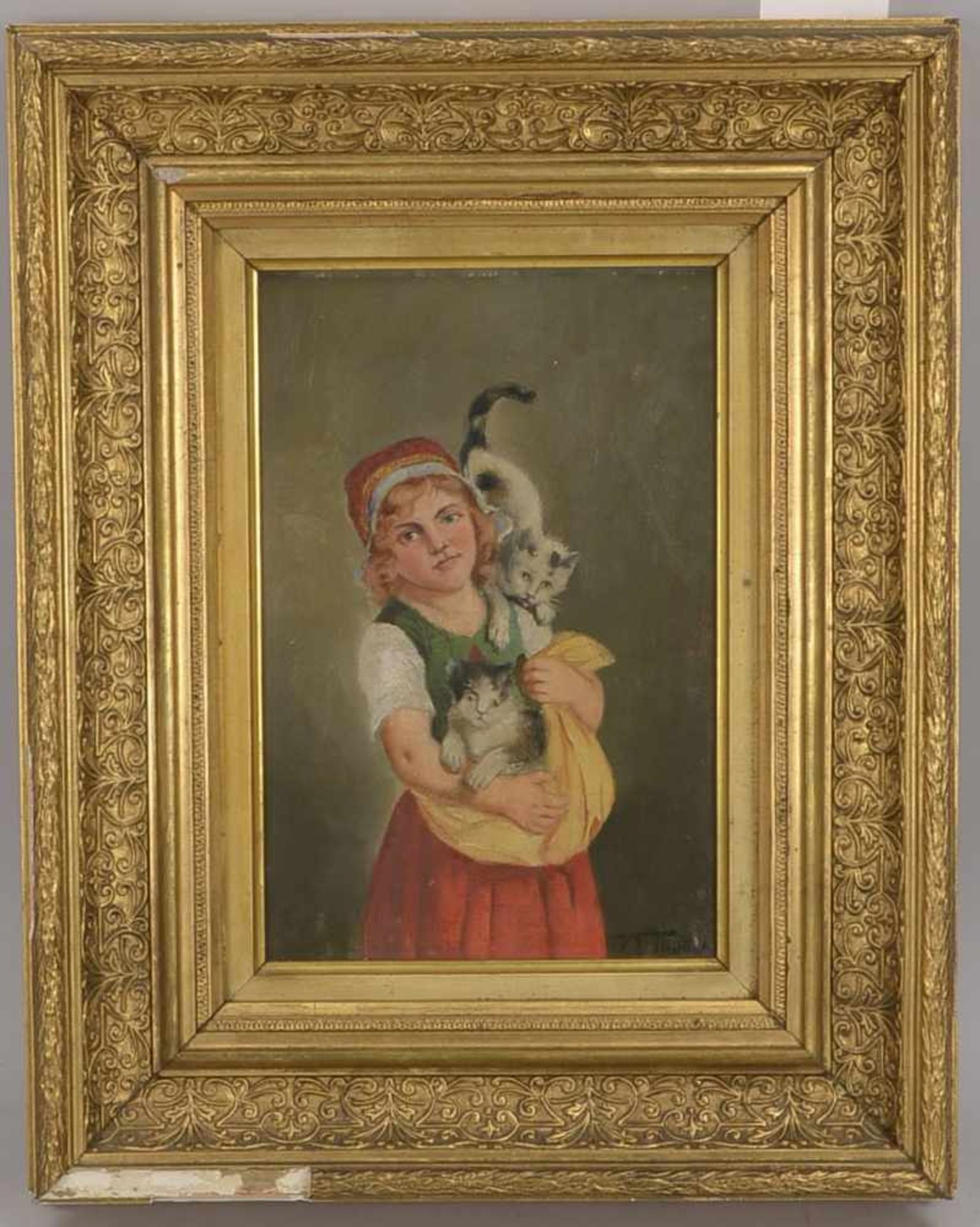 v. Lindblad, 'Mädchen mit zwei Katzen', Öl auf Malpappe, unten rechts signiert; Maße 31 x 21 cm