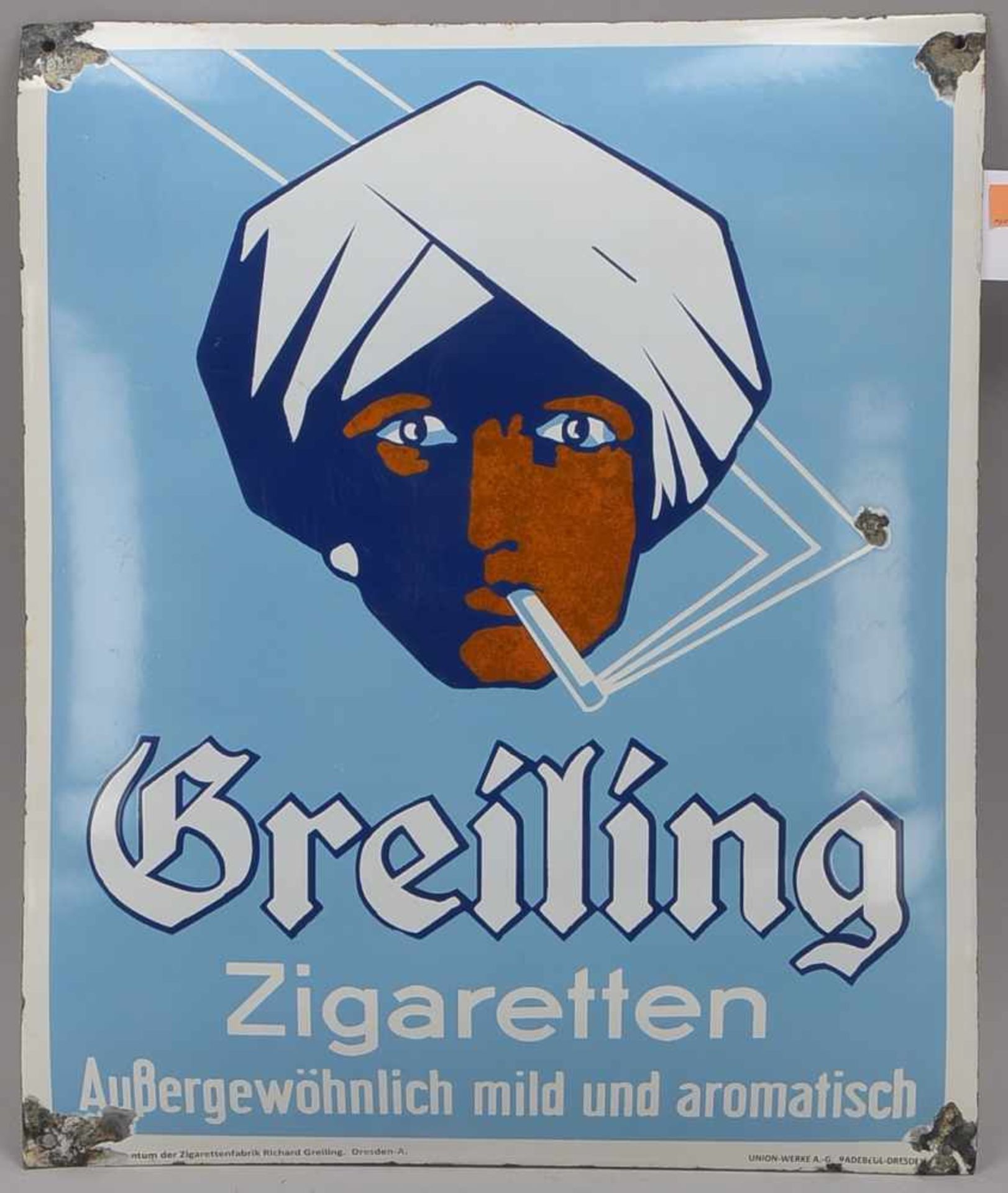 Emaille-Werbeschild (Reproduktion), 'Greiling Zigaretten - außergewöhnlich mild und aromatisch',