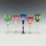 GROUP OF 5 ECLECTIC BOHEMIAN CUT CRYSTAL STEMWARE GLASSES