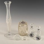 LOT OF 5 - VASE CIGAR JAR PAIR OF CANDLE STICKS, STOPPER ALL CRYSTAL