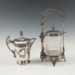 SILVER PLATE PICKLE/OLIVE STAND W/ GLASS JAR, TONGS, CREAMER.