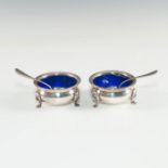 PAIR OF SILVER SALT CELLARS WITH SPOONS AND COBALT CUPS