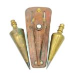 LOT OF 3 VINTAGE BRASS PLUMB BOBS, 1 LEATHER BELT CASE