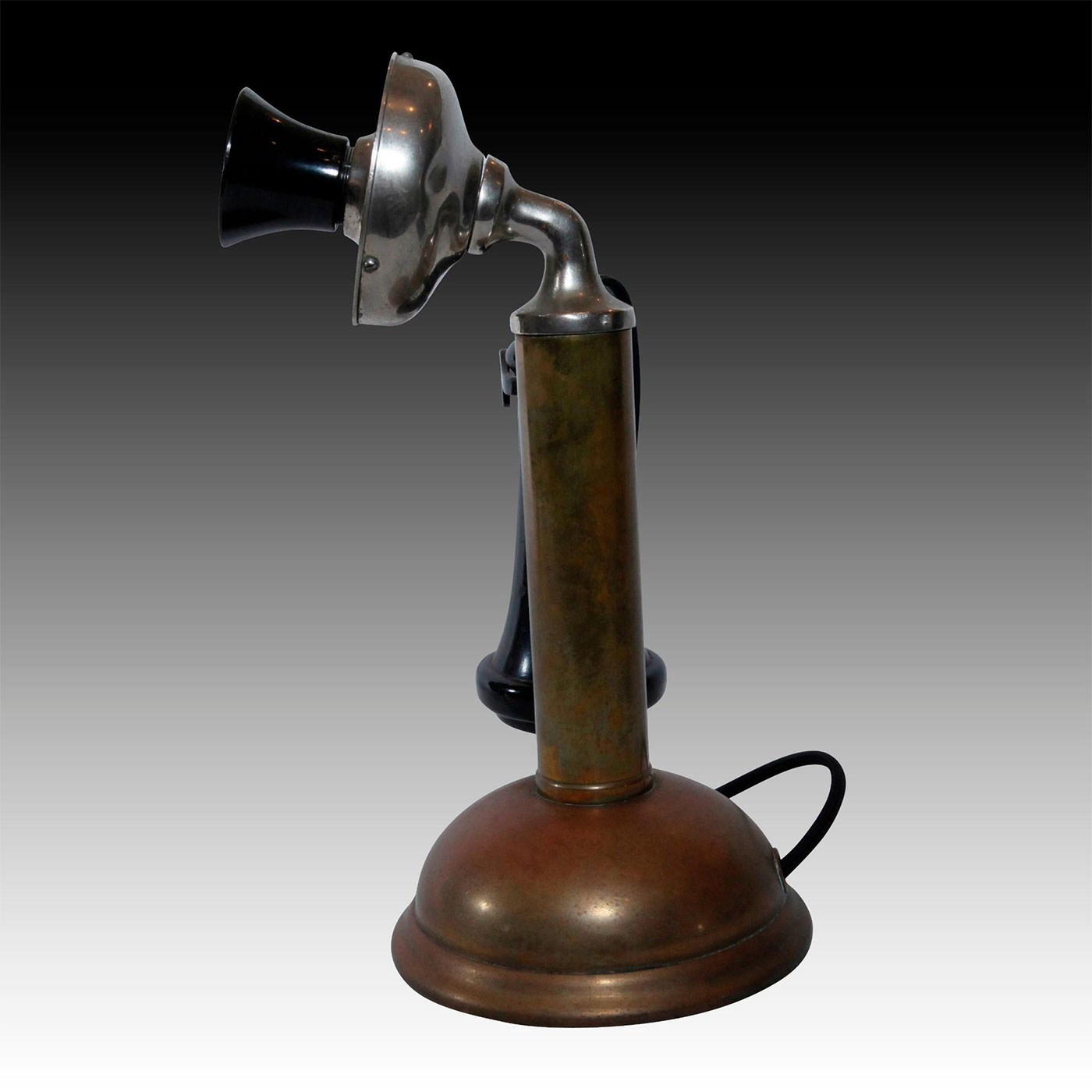 ANTIQUE CHROME AND BRASS OILCAN CANDLESTICK PHONE - Image 2 of 4