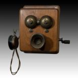 BRASS AND WOOD MOUNTED CRANK PHONE