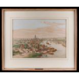 FRAMED, SIGNED AND DATED LITHOGRAPH, A VIEW OF FRANKFURT FROM THE RIVER MAIN, BY PETER BECKER