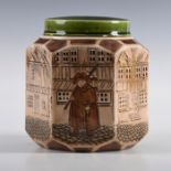 DECORATIVE POTTERY NIGHT WATCHMAN LIDDED TOBACCO JAR