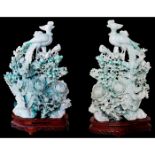 PAIR OF CHINESE CARVED JADE PHEASANT BIRDS, WOODEN STANDS