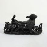 CARVED BLACK BASALT HUNTING SCULPTURE, BUFFALO AND LIONS