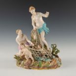 MEISSEN PORCELAIN FIGURATIVE ALLEGORICAL SCULPTURE, CAPTURING OF INFANT LIKE TRITON WITH MAIDENS
