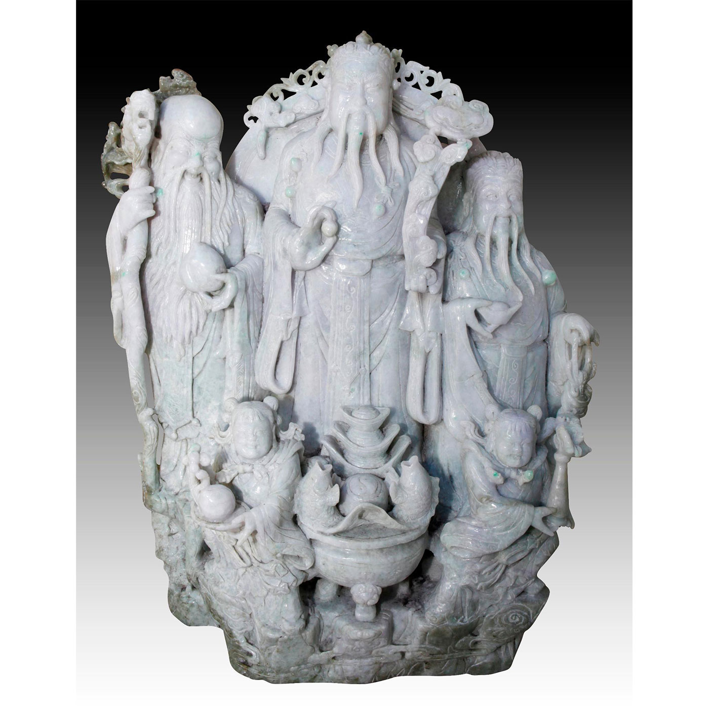 CHINESE CARVED JADE MONUMENTAL FIGURAL GROUP, 3 IMMORTALS OF GOOD LIFE - Image 7 of 21