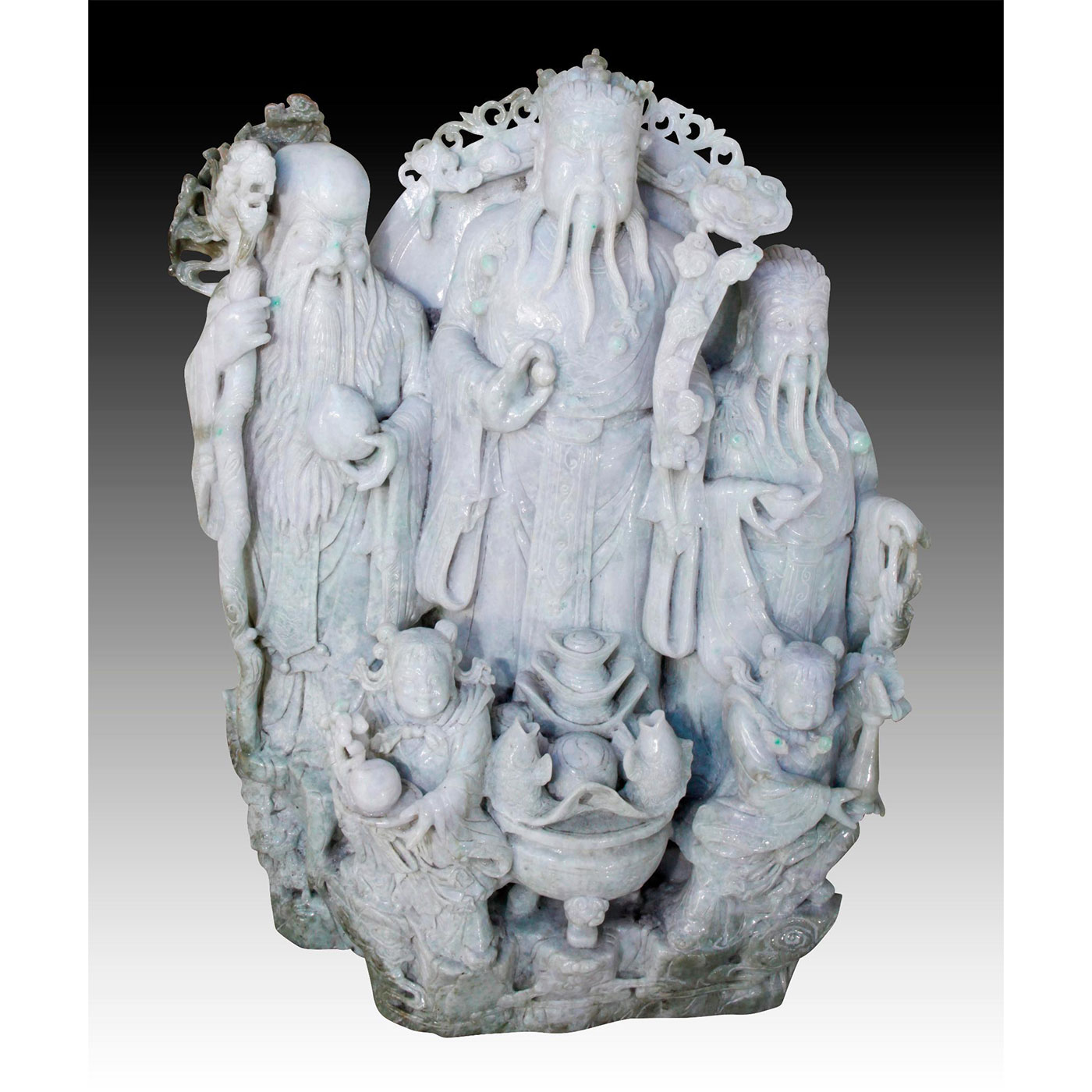 CHINESE CARVED JADE MONUMENTAL FIGURAL GROUP, 3 IMMORTALS OF GOOD LIFE - Image 2 of 21