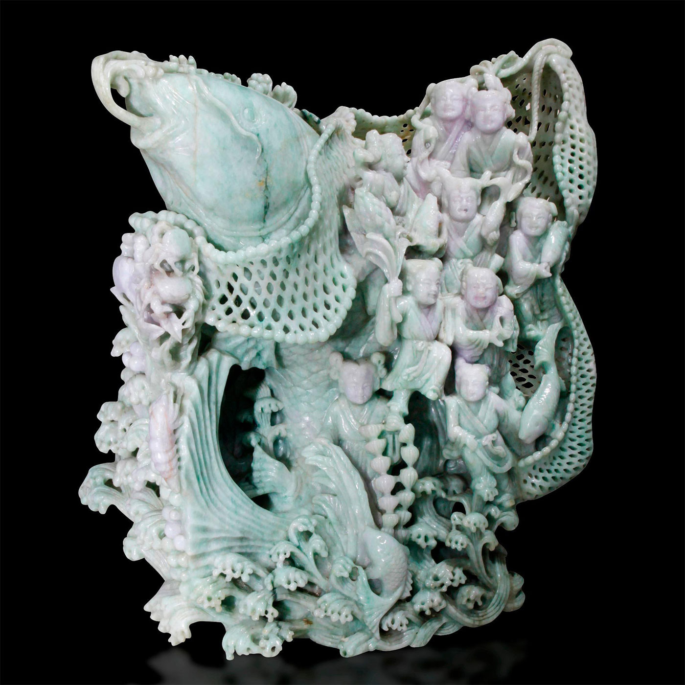 CHINESE CARVED JADE MONUMENTAL FIGURAL GROUP, CARP FISH AND IMMORTALS