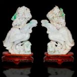 PAIR OF CHINESE CARVED JADE CROWING ROOSTERS, WOODEN STANDS