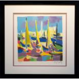 FRAMED COLOR LITHOGRAPH PRINT, LE TROIS VOILIERS, BY MARCEL MOULY