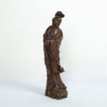HAND CARVED WOODEN FIGURE OF GUAN YIN