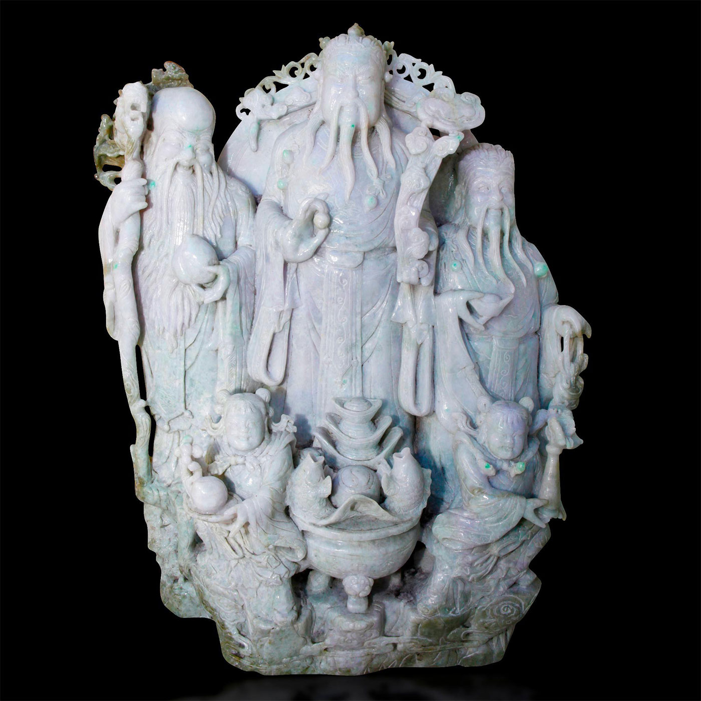 CHINESE CARVED JADE MONUMENTAL FIGURAL GROUP, 3 IMMORTALS OF GOOD LIFE - Image 8 of 21