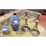 A Royal Copenhagen vase, pair of candlesticks and