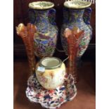 A pair of carnival glass vases, ironstone dish, et