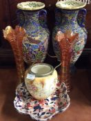 A pair of carnival glass vases, ironstone dish, et