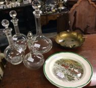 Good glass decanters, copper dish, etc.