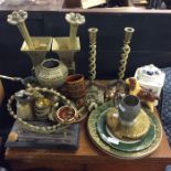 Brass candlesticks, vases, decorative china etc.