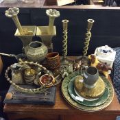 Brass candlesticks, vases, decorative china etc.