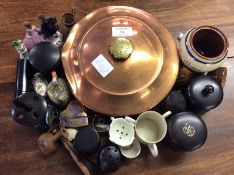 A copper hot water bottle, hatpin stands, etc.