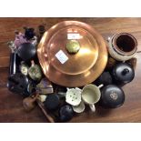 A copper hot water bottle, hatpin stands, etc.