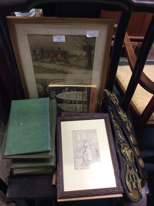 Horse brasses, prints and books.