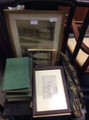 Horse brasses, prints and books.