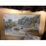 A framed and glazed picture of a river scene.