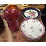 Cranberry glass vase, decorative plates, etc.