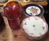 Cranberry glass vase, decorative plates, etc.