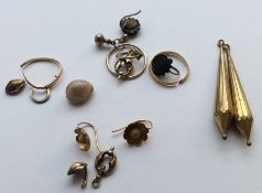 A group of wedding bands, gold mounted earrings et