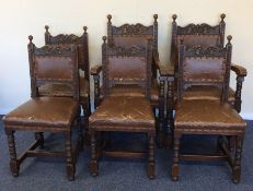 A good set of six carved dining chairs with leathe